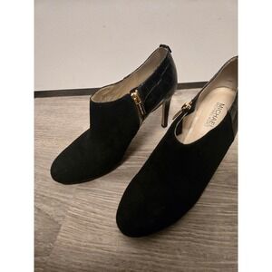 Michael Kors Black Suede Croc Embossed Leather Ankle Booties Gold Zip Heels 9M